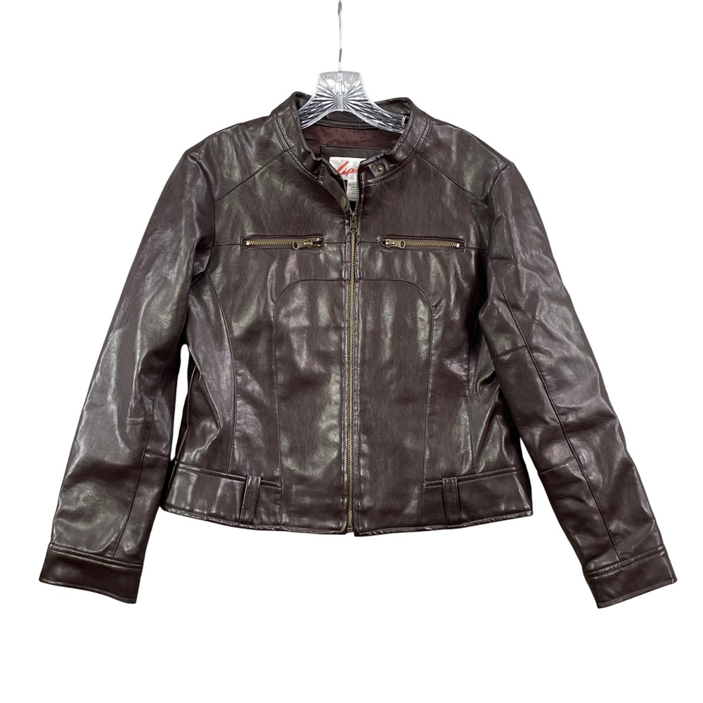 Lipstick Faux Leather Jacket Womens Large Brown Moto Cafe Racer Coat Academia